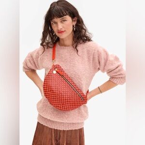 Clare V. Grande Fanny Bright Poppy & Bordeaux Woven Checker